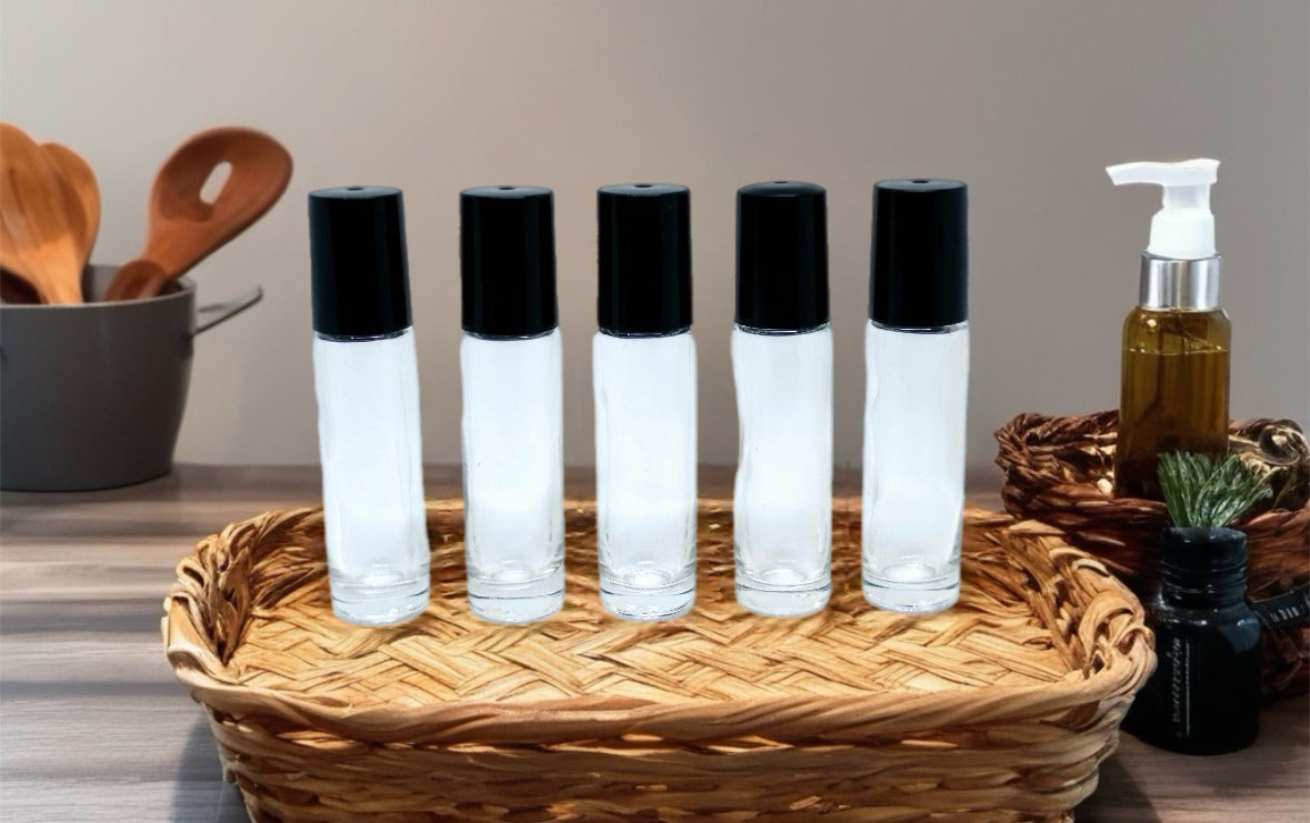 Clear Glass Roller Ball Bottles 10 mL with metal roll-on Black Caps pack of 5