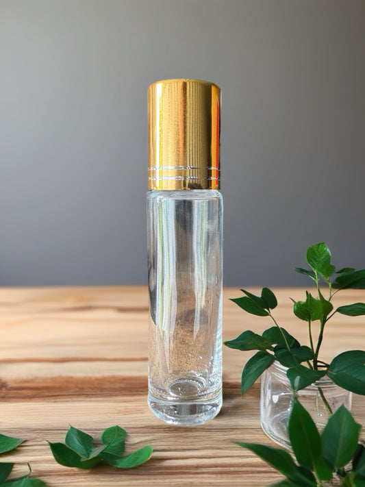 10 mL clear rollerball glass bottle with silver lid.