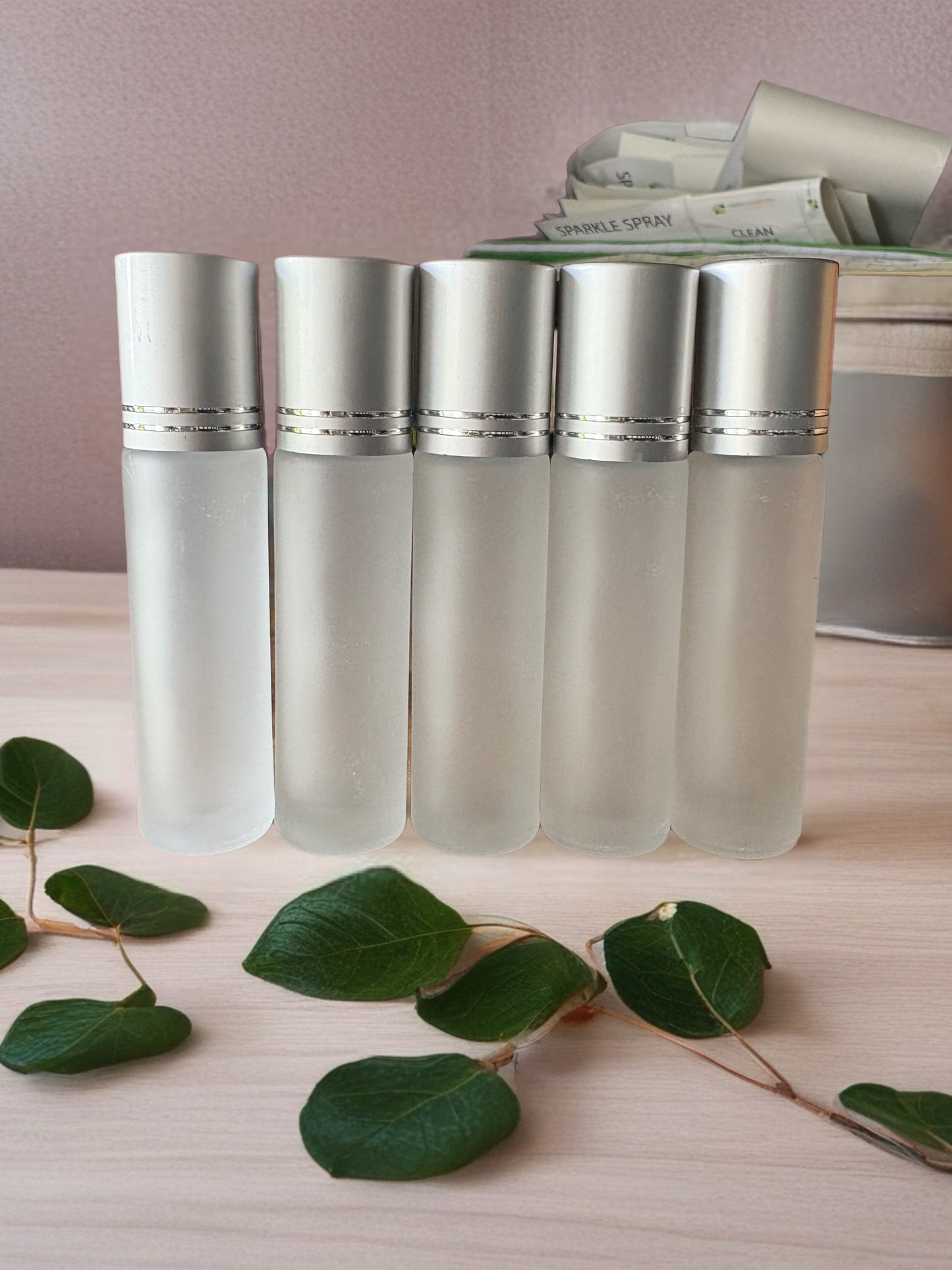 10 mL clear rollerball glass bottle with silver lids 5-pack