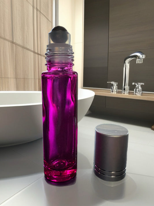 10mL Rollerball Glass Bottle with silver coloured cover. Variants pink, blue, or green.
