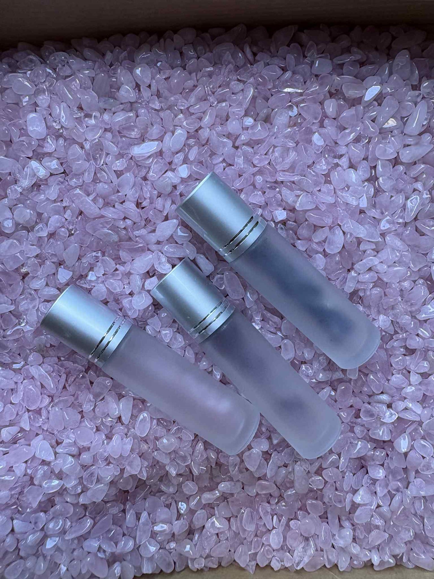 10ml Frosted Glass Rollerball Bottles with silver or gold cover filled with Crystals – Pack of 3