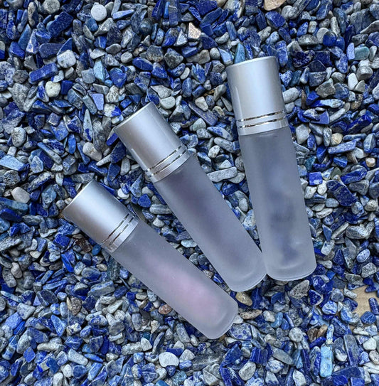 10ml Frosted Glass Rollerball Bottles with silver or gold cover filled with Crystals – Pack of 3