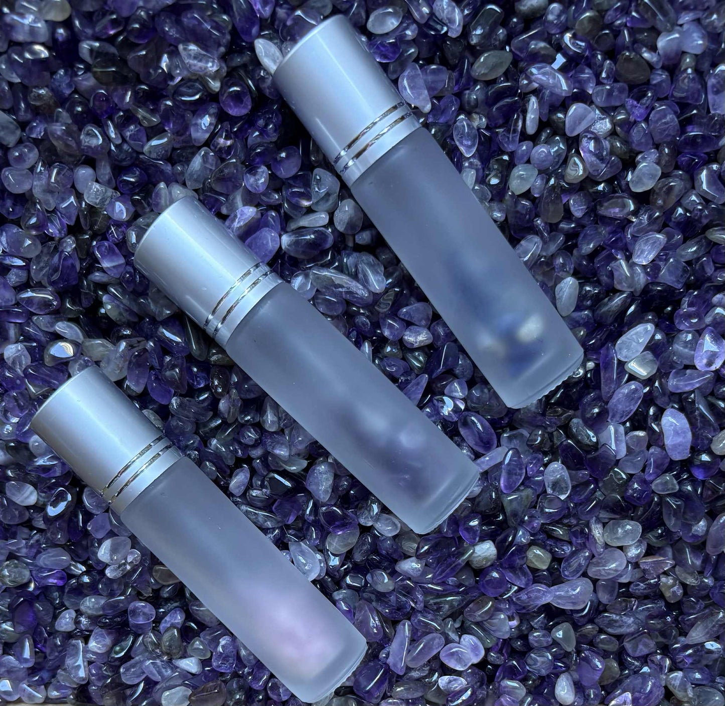 10ml Frosted Glass Rollerball Bottles with silver or gold cover filled with Crystals – Pack of 3