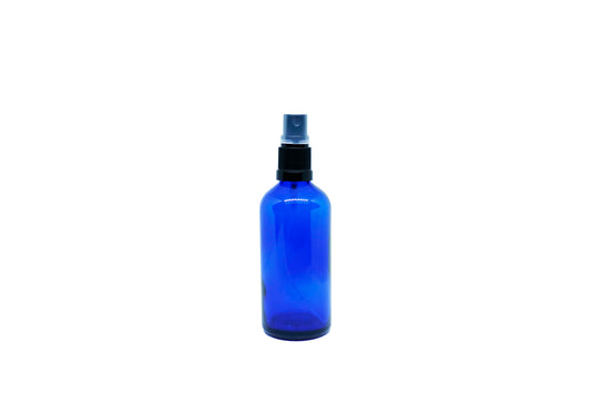 250 mL Blue glass bottle with black fine mist spray top