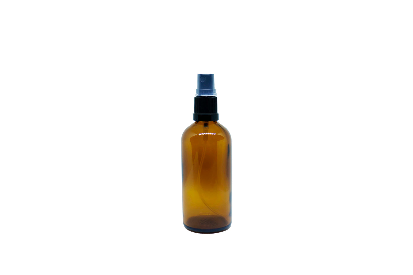 50 mL Amber glass bottle with black fine mist spray top and cover.