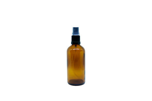 100 mL Amber glass bottle with black fine mist spray top and covertop