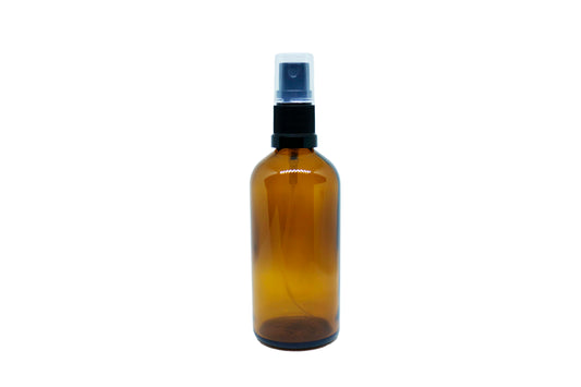 250 ml Amber glass with black fine mist spray top with cover.