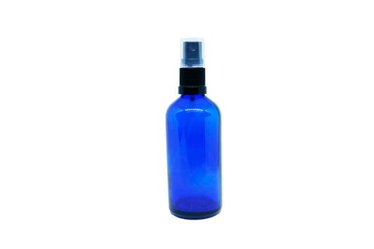50 mL Blue glass bottle with black fine mist top and cover.